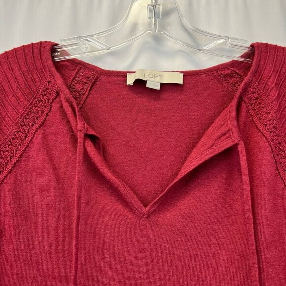 Loft Womens Pullover Top Burgundy Wool Blend Long Sleeve Raglan V Neck Crochet S - Picture 7 of 11
